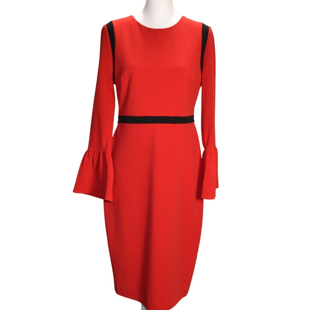 Calvin Klein Bell Sleeve Dress Women 10 Red Bold Party‎ Contrast Trim Sheath